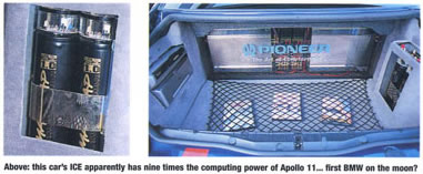 trunk shot of audio equipment. "This car's ICE apparently has nine times the computing power of Apollo 11 ... first BMW on the moon??